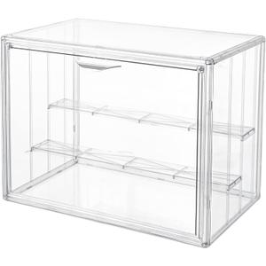 Attelite Clear Acrylic Display Case,3 Tier Display Shelf with 2 Movable Plate, Stackable Protection Showcase for Action Figures, Display Storage Box Countertop with Magnetic Door