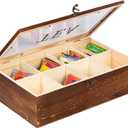 Rustic Torched Wooden Tea Bag Organizer Multiple Compartments Acrylic Clear Lid Dark Brown Burnt Wood Teabag Storage Divider Chest Holder TEA Lettering Vintage Style Latch Desktop Countertop
