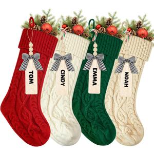 18 Inches Personalized Christmas Stockings: 4 Pack Ivory Red Green Khaki Knit Christmas Stockings Set with Name Tags Christmas Decor Neutral Xmas Decorations Holiday Farmhouse Indoor Home Decor