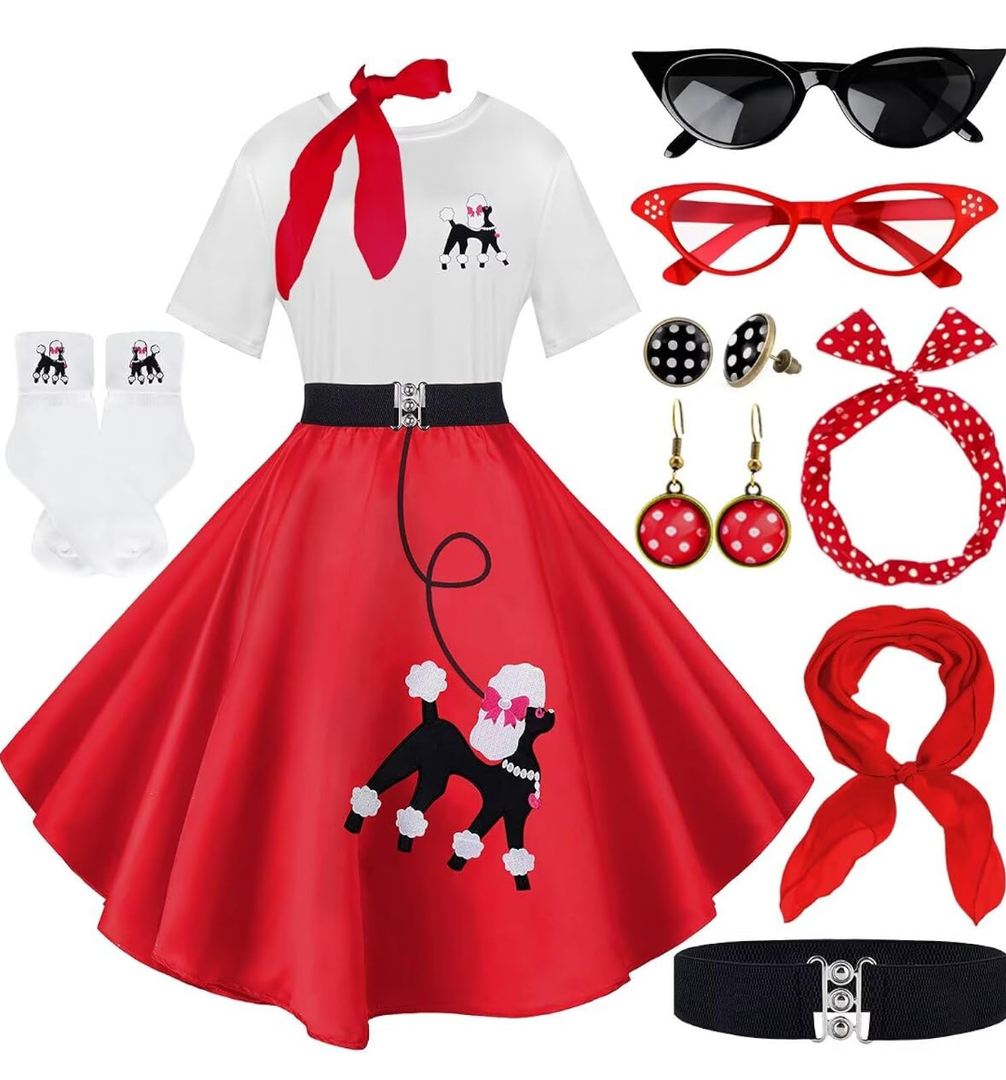 10Pcs Sock Hop Outfits Women, 1950s Poodle Skirts, T-Shirt with 50s Accessories Socks Scarf Headband Belt Earring L