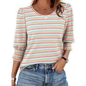 LilyCoco Womens Tunics Striped Shirt Crewneck 3/4 Sleeve T Shirts Green X-Large (XL)