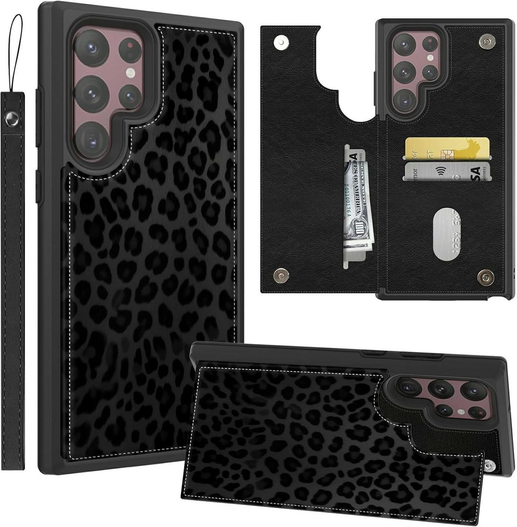 for Samsung Galaxy S24 Ultra Wallet Case Black Leopard Print PU Leather Card Holder Slots Wrist Strap Magnetic Clasp Kickstand Flip Cover Phone Case for Samsung S24 Ultra 6.8" 2024