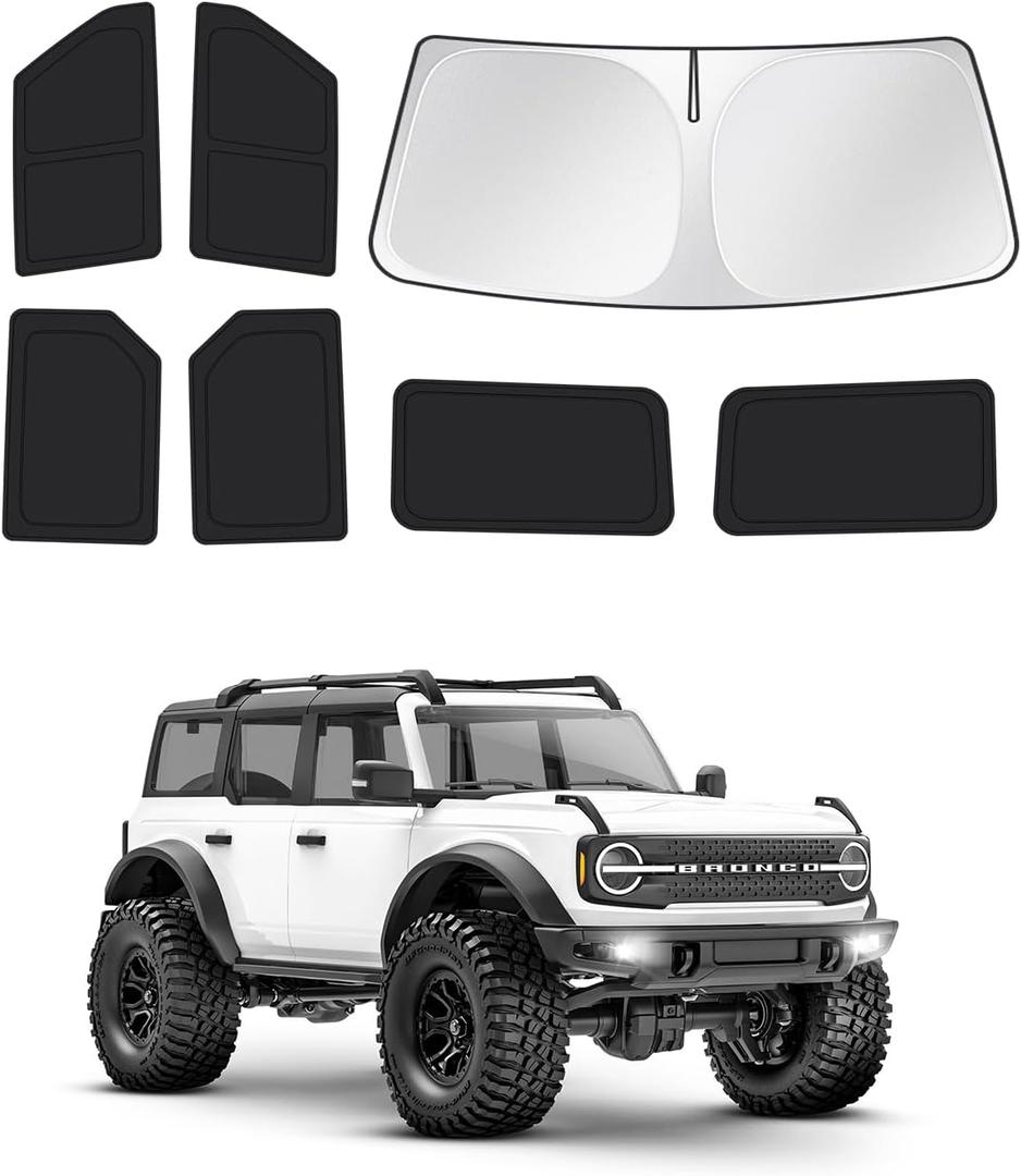 Canvcle Windshield Sun Shade for 2021-2025 2026 Ford Bronco 4 Door Side Rear Window Shade Cover Sun Visor Shield Privacy Protection Keep Vehicle Cool Black 7PCS