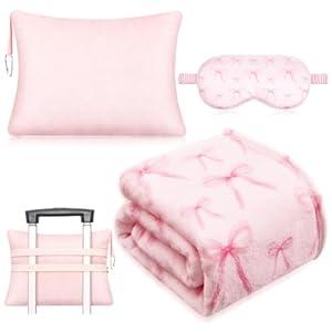 3 Pcs Travel Airplane Blanket Gift Set for Women Mother's Day 40 x 60 Pink Bow Throw Blanket, Eye Mask and Storage Bag with Hand Luggage Sleeve Comfort and Self Care Essentials for Flying Train Road