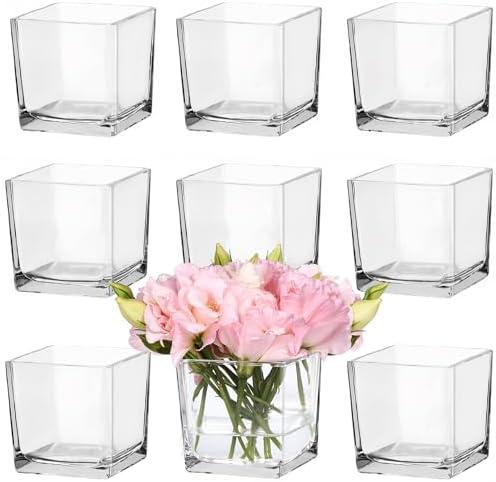 CONNOO 5 Pack Square Glass Vase 4" x 4" x 4", Clear Bulk Flower Vases for Centerpieces, Square Glass Cube Vase Floating Candle Holders for Wedding Party Home Decor