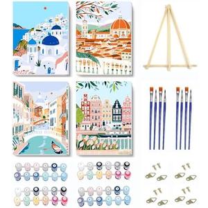VIGEGU 4 Pack Paint by Numbers Kit for Adults Beginner with Frame, Wooden Easel DIY Cityscape Scenery Adult Paint by Number Kits for Home Decor 7.8x11.8inch
