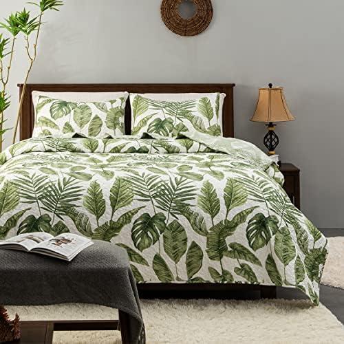Tropical Plants Quilt Set Queen Size 3 Pieces, Green Palm Leaves Rainforest Style Fine Printed Reversible Bedspreads Bedding Sets, Soft and Lightweight Bed Coverlet for All Season