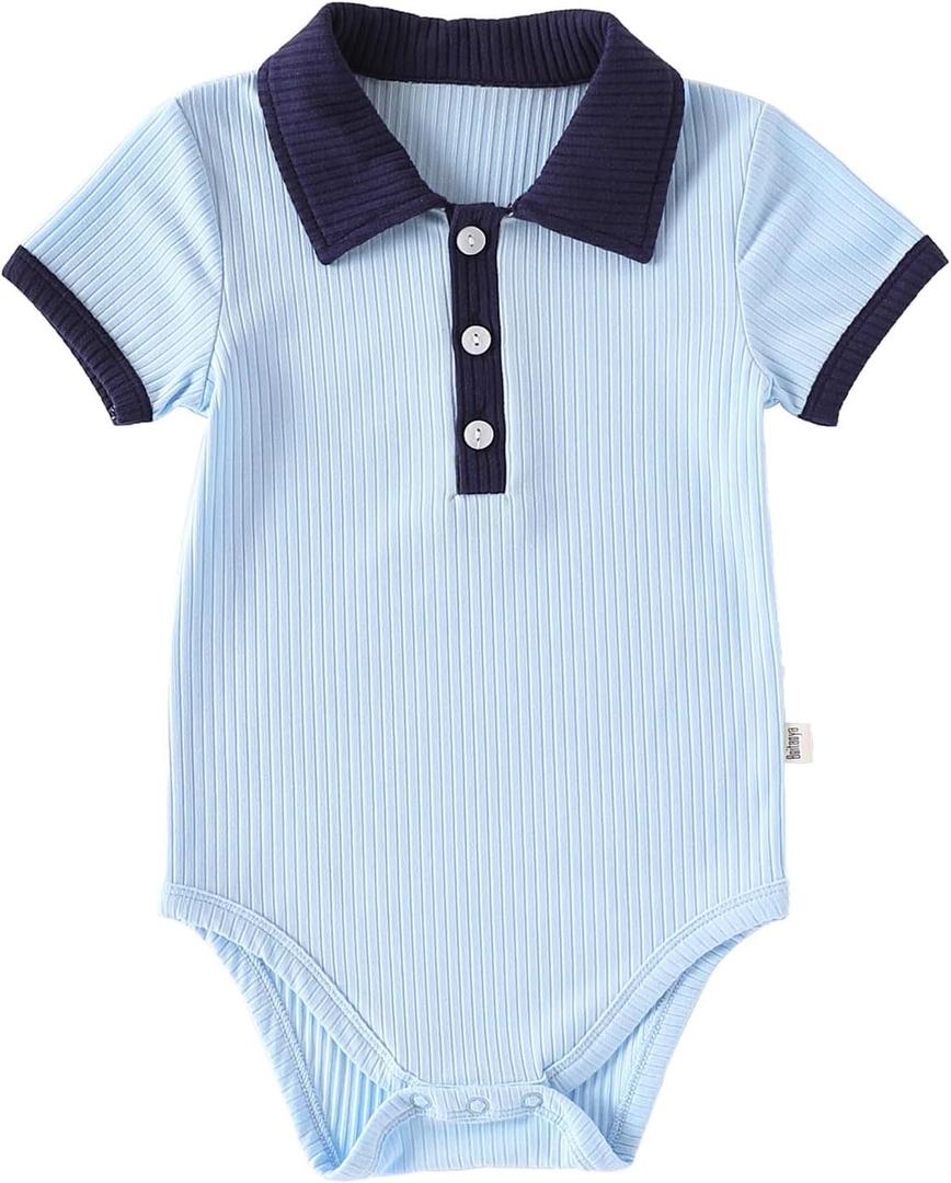 Enfants Chris Polo Bodysuit Baby Boy Collared Short Sleeve Preppy Clothes 3-6 Months (Ice Blue)
