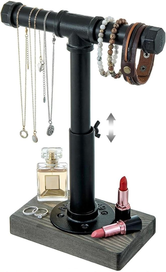 MyGift Adjustable Height Industrial Pipe Organizer Stand  Rustic TBar for Jewelry, Headphones, Medals, Kitchen Utensils & Display, Gray Wood Base (Black/Gray, Country Style)