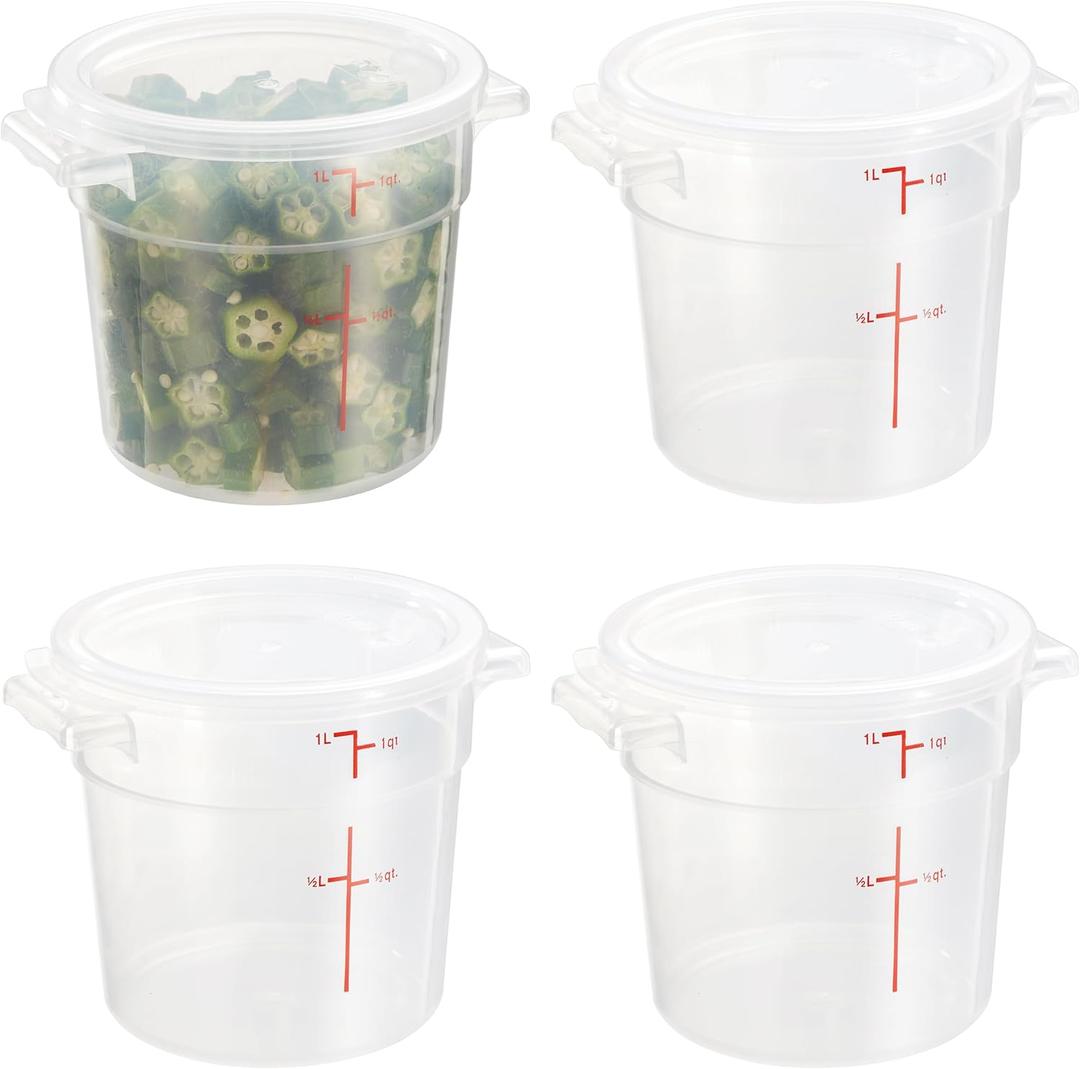 CURTA 1 Quart Translucent Round Food Storage Container with Lid, Pack of 4 NSF Listed, BPA-Free, Commercial-Grade Polypropylene, Freezer & Dishwasher Safe, Non-Stick, Easy-Read Graduations