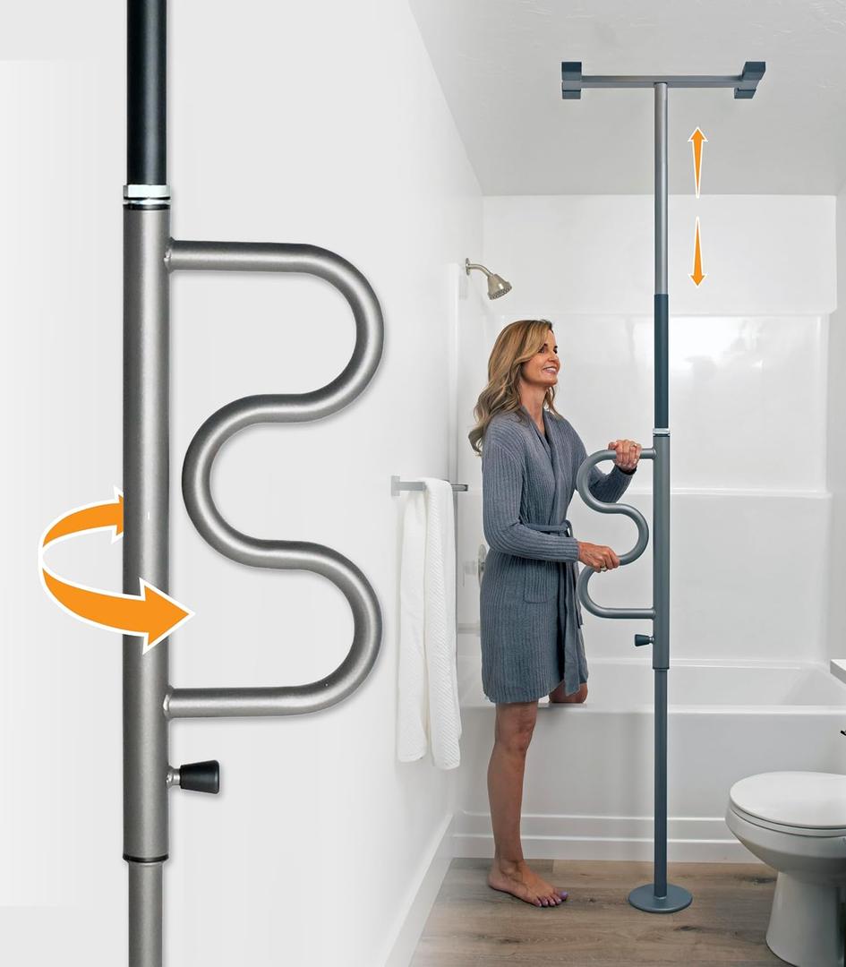 Stander Wonder Pole Plus with Rotating Double Grab Bar, Tension Mounted Security Pole for Seniors & Elderly Adults, No-Drill Floor to Ceiling Transfer Pole for Home & Bath Safety, Graphite, Supports 300 pounds