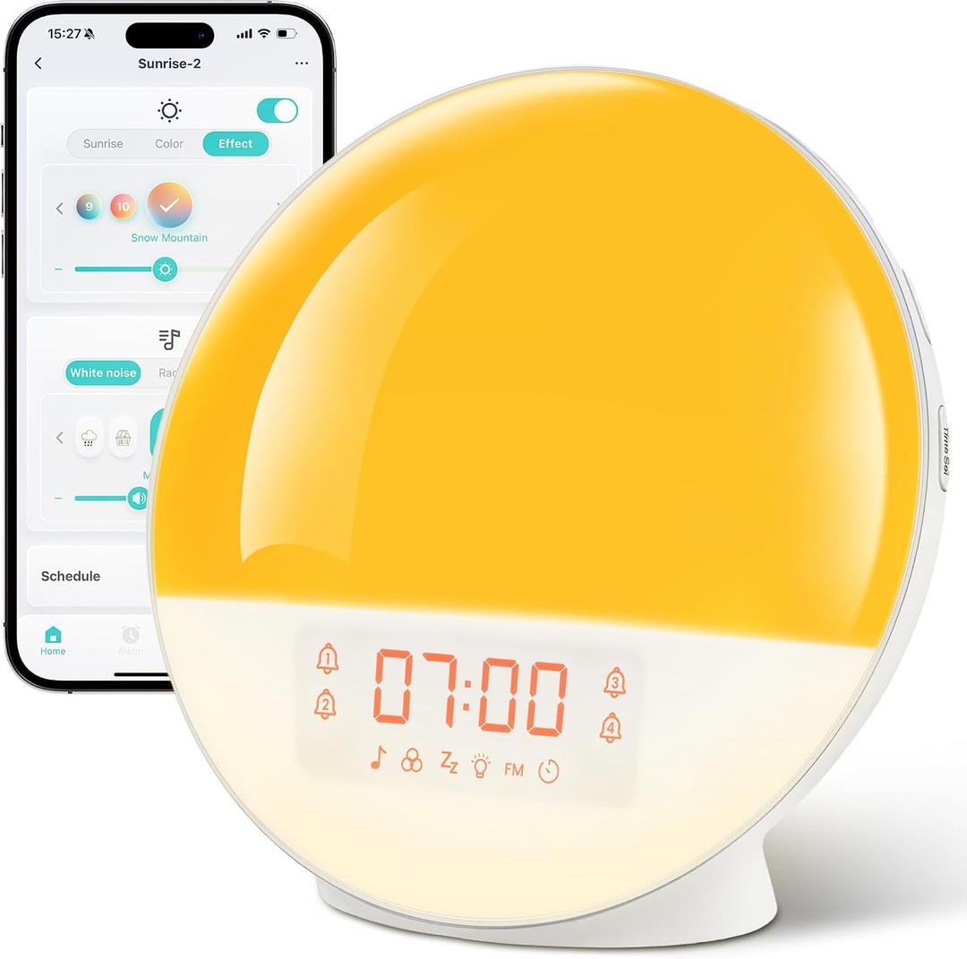 Sunrise Alarm Clock with App Control for Heavy Sleepers, Bedroom, Wake Up Light with Sunrise&Sunset Simulation, White Noise Sound Machine with 11 Colors Night Lights, Dual Alarms, FM Radio