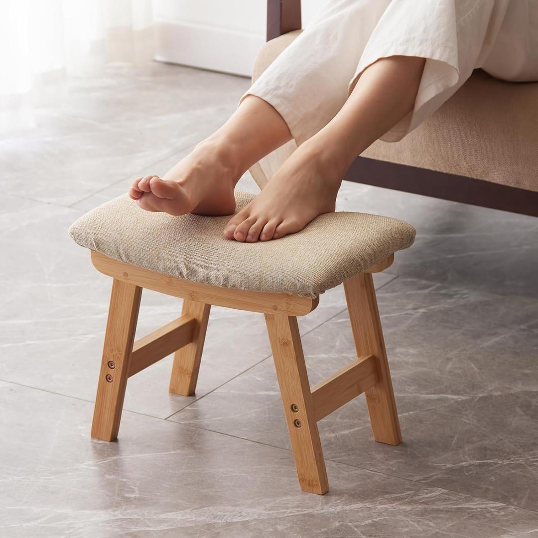 Kitsanery Foot Stool,Ottoman,Bamboo Small Sofa Foot Rest Under Desk,Extra Seating for Living Room, Bedroom and Kitchen (Natural Stool Legs - Beige Surface), 9.8"D x 15.3"W x 11.8"H