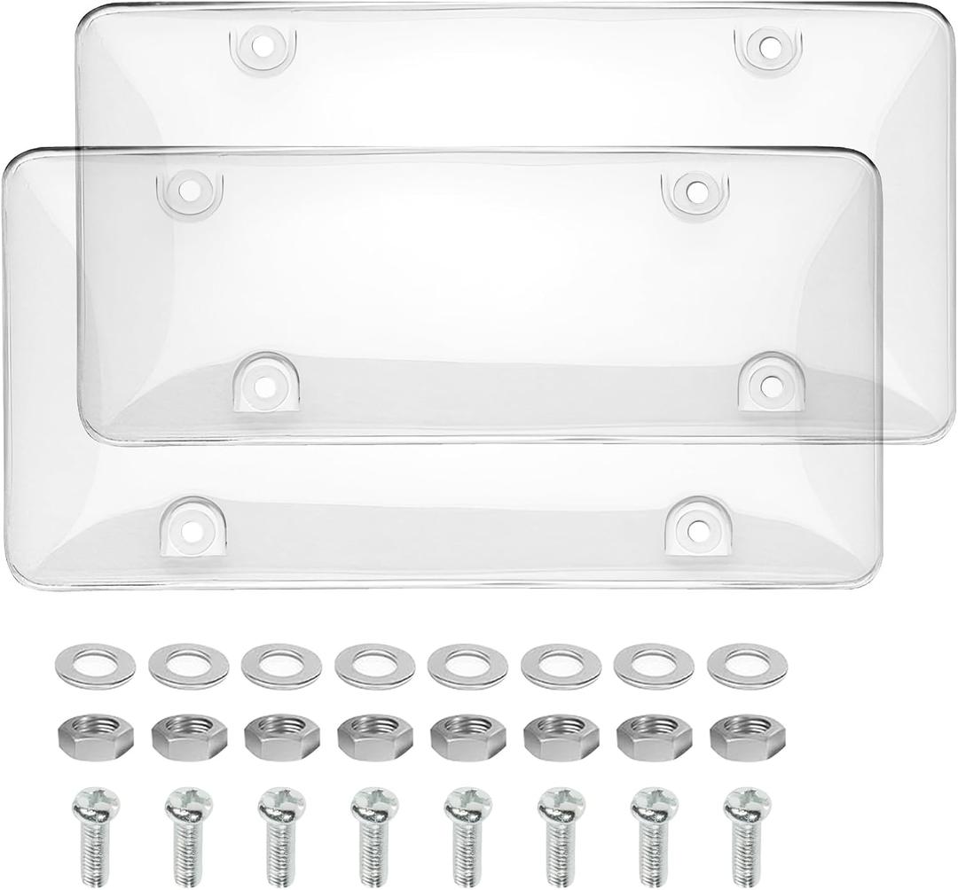 SCUARI 2PCS License Plate Cover,Car Accessories Automotive Unbreakable Front Rear Car Tags,Plastic Protective Shield with Screws Caps,Protective Shield for Front Rear,Fits Standard US License Plates