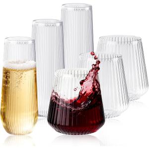 56 Pack Ribbed Origami Ripple Plastic Glasses, 32 Pcs 9 OZ Stemless Champagne Flutes & 24 Pcs 14 OZ Plastic Wine Glasses, BPA-Free Disposable Shatterproof Toasting Glasses for Weddings Parties