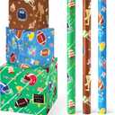 WERNNSAI Football Wrapping Paper Rolls - 3 Short Rolls Sports Gift Wrap Paper Kids for Kids Birthday Party Gift Packing Supply Green Brown Blue Wrapping Paper with Cut Lines 17 in x 10 ft