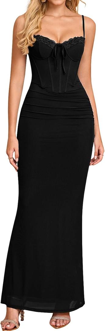 KUTUMAI Corset Bodycon Maxi Long Formal Wedding Guest Dresses for Women (Black, L)