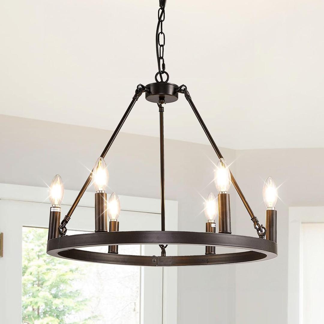 WJShome 20.7" Wagon Wheel Chandelier, 6-Light Black Chandeliers for Dining Room, Farmhouse Foyer Lighting Fixtures, Round Rustic Chandelier, for Kitchen Island, Entryway, Hallway