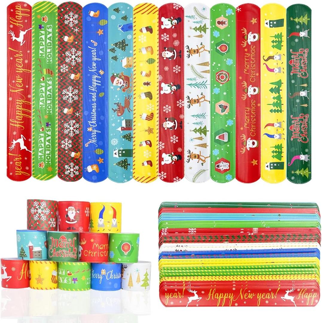 JoFAN 48 PCS Christmas Slap Bracelets Toys for Kids Boys Girls Toddlers Christmas Party Favors Stocking Stuffers Gifts
