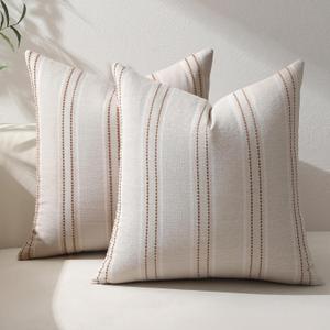 Hckot Rust Throw Pillow Covers 22x22 Set of 2 Striped Fall Pillow Covers Textured Linen Decorative Pillows Square Cushion Covers for Sofa Couch Bed Living Room Farmhouse Decor(Caramel)