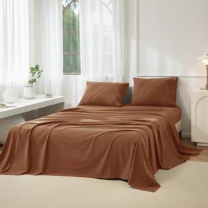 JIYUAN 100% Washed Cotton Sheet Set 4 Pieces King,1 Fitted Sheet,1 Flat Sheet and 2 Pillowcases,Comfy and Breathable Linen Like Bedding Set,Burnt Orange