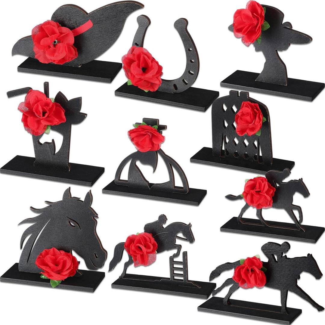 DoubleFill 10 Pcs Derby Decorations Wooden Horse Racing Table Centerpiece Sign Black Horse 3D Red Rose Horseshoe Wood Signs for Tabletop Desk Home Shelf Mantel Derby Party Tiered Tray Decor