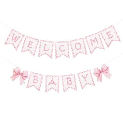 2pcs Welcome Baby Banner, Pre-Strung Pink Bow Welcome Baby Sign Hanging Banner Perfect Decorations and Photo Props for Girls Babies Shower Gender Reveal Party