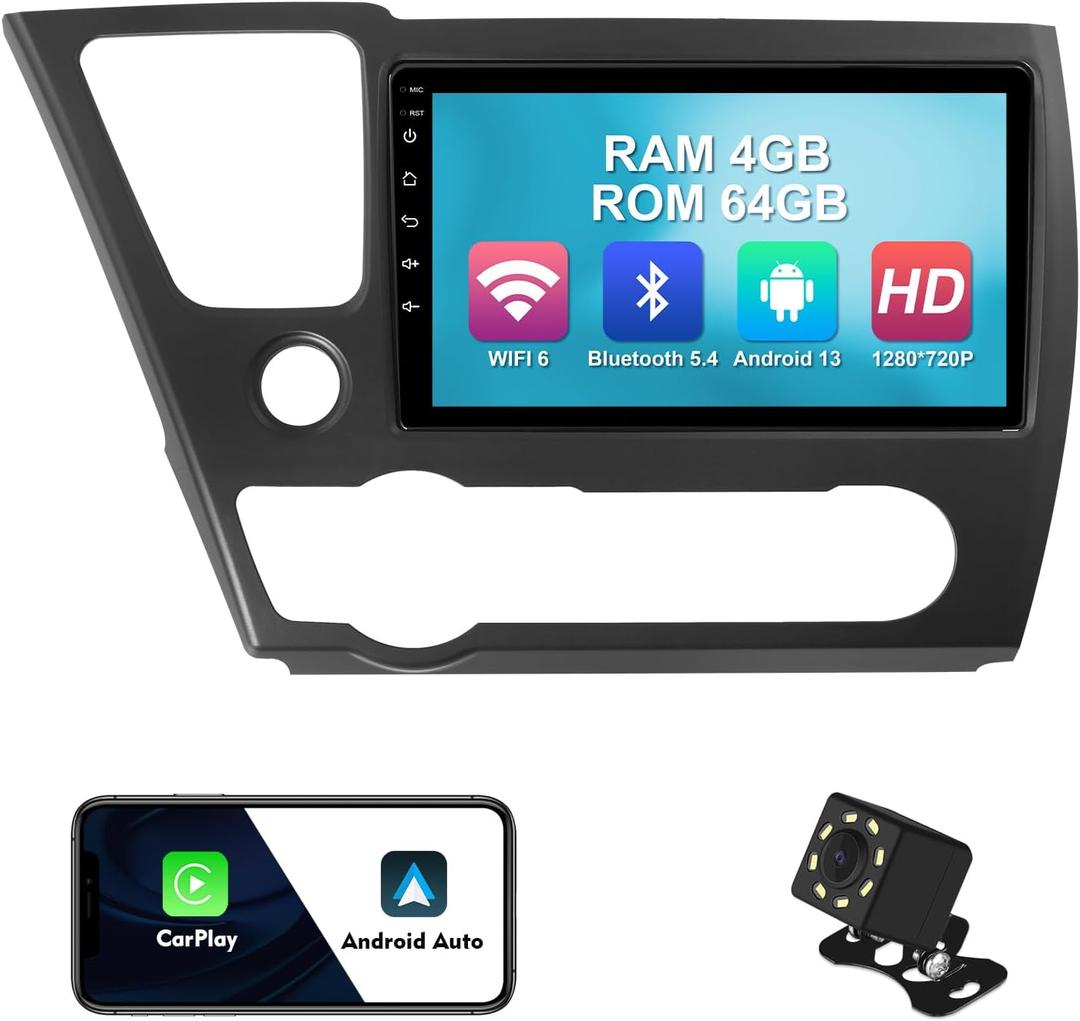 4+64G 9-inch Android 13 WiFi 6 Car Stereo for Honda Civic 2013-2015 IPS Touchscreen Screen Bluetooth 5.4 Car Radio with Carplay & Android Auto Support Backup Camera FM Navi SWC (with Air Outlet)