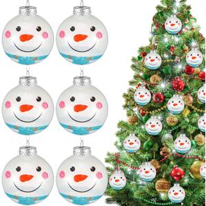 Wettarn 24 Pcs Snowman Face Christmas Ball Ornaments for Tree 3.15 Inch Clear Christmas Plastic Fillable Ornaments Balls Snow Sparkle Xmas Tree Decoration Hanging Ball for New Year Wedding Party Decor