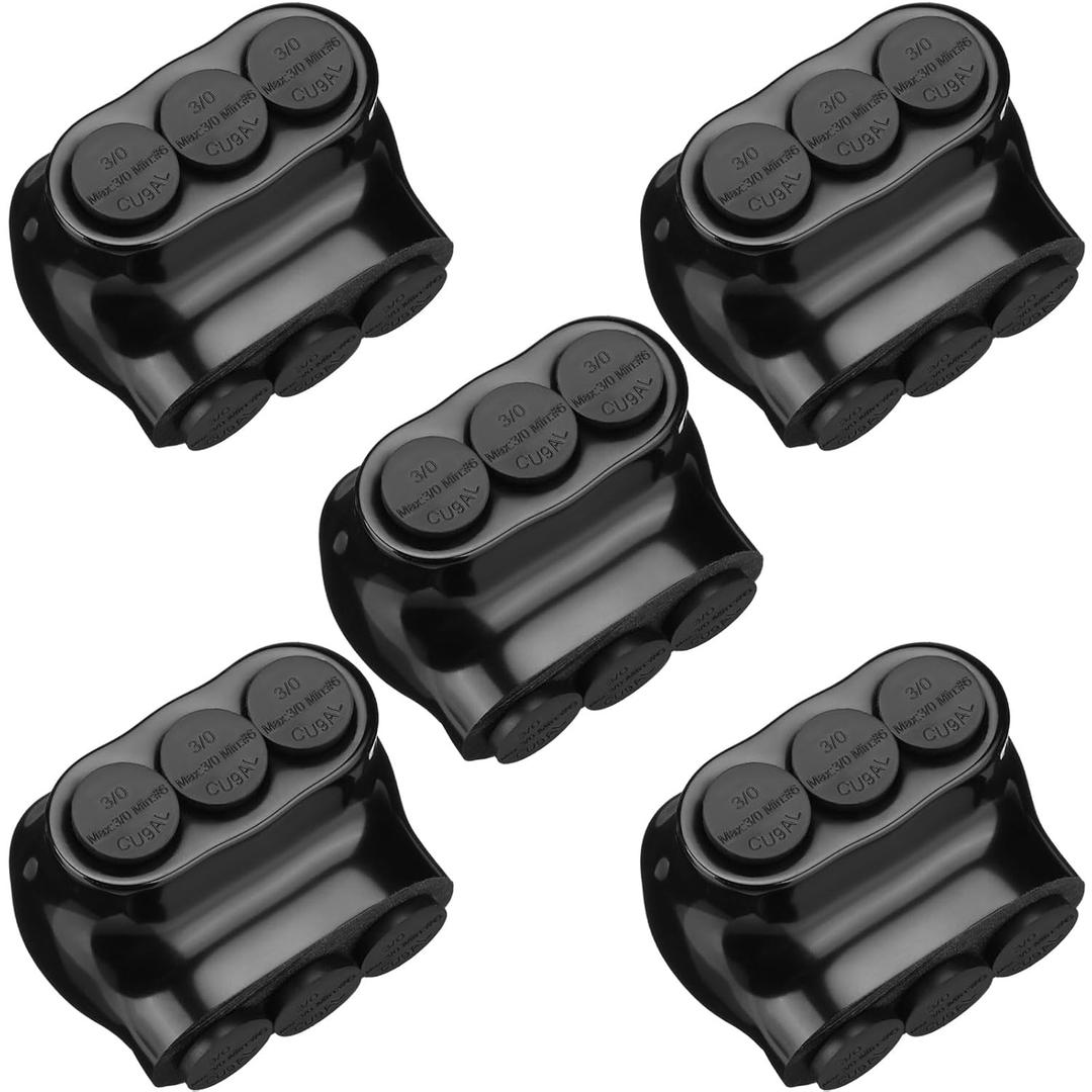 Kanayu 5 Pcs Black Insulated Multi Cable Connector, 3 Ports Electric Wire Connectors and Soldering Lugs, Single Side Entry Cable Splicers, with Oxide Inhibitor (3/0-6 AWG Range,2.57" x 1.73")