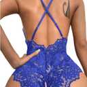 SOLY HUX Women's One Piece Lingerie Sexy Lace Babydoll Deep V Teddy Criss Cross Backless Teddy Mini Bodysuit (Blue, L)