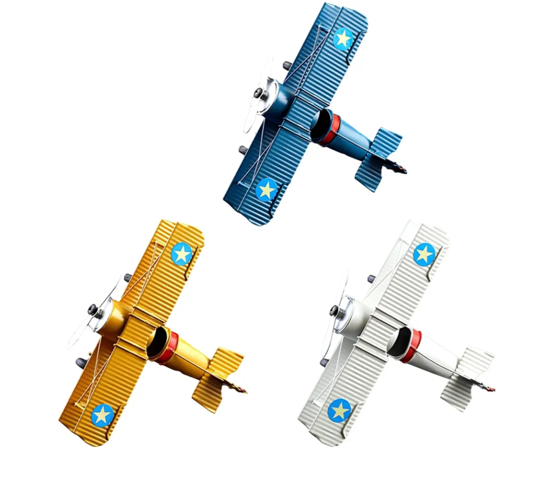 Biplane Decor Set: 3 Metal Airplane Models for Home & Office, White/Yellow/Blue, Rotating Propellers