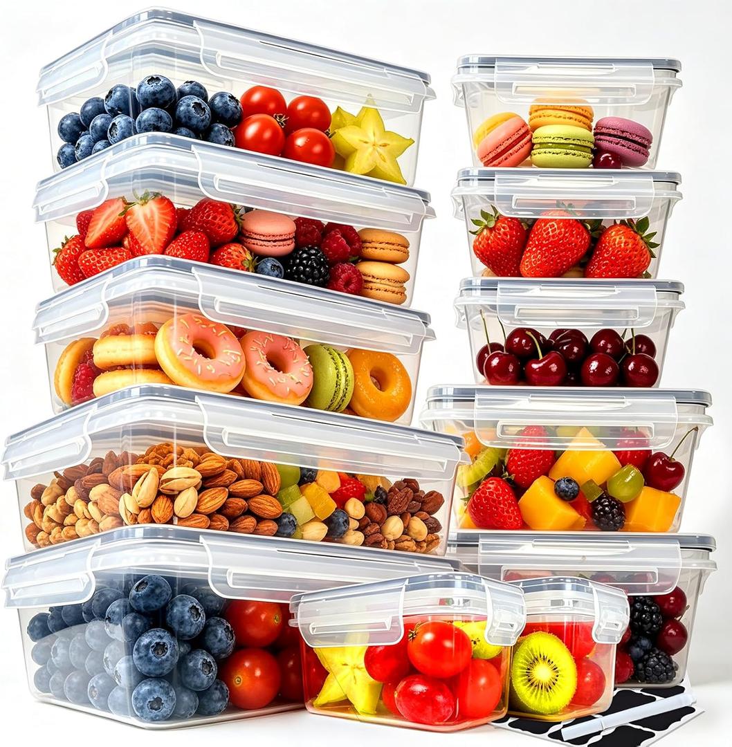 24 PCS Food Storage Containers with Lids (12 Containers & 12 Lids), Reusable Plastic Food Containers for kitchen organizers and storage, Leakproof Meal Prep Container with Labels & Pen
