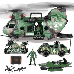 JOYIN 10-in-1 Military Helicopter Toys Set with Light, Sound, Trucks, Boat, Bike, Army Men, Weapons - Christmas Birthday Party Gifts for Kids