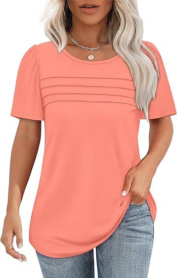 OFEEFAN Womens T Shirts Short Sleeve Tops Dressy Casual Blouses Spring Summer Outfits Flowy Pleated Front Scooped Neck (Small, 2-Coral)