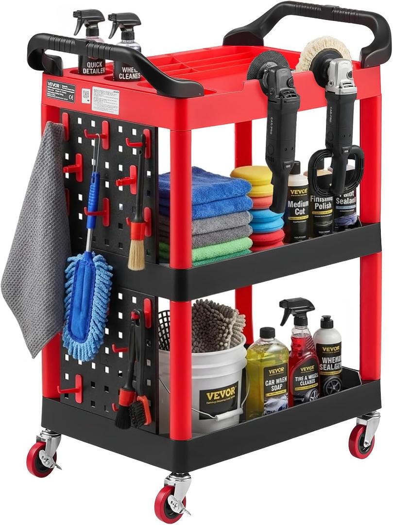 VEVOR 3 Tier Utility Cart on Wheels, 300 LBS Rolling Tool Storage with Pegboards & 360° Swivel Wheels (2 Brakes), Heavy Duty Plastic Rolling Cart for Garage, Warehouse & Repair Shop