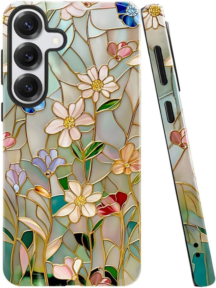 Case for Samsung Galaxy S25 Plus,Stained Glass Bloom Flower Phone Case Drop Resistant Glossy 2 in 1 Solid Dual-Layer Cover for Girl Women