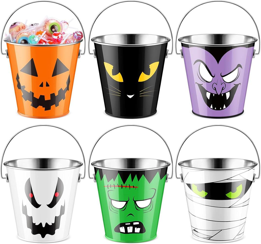 Tioncy 12 Pcs Halloween Pumpkin Bucket Bulk Metal Trick Treat Party Favors Pail with Handle Small Candy Pumpkin Bucket Jack O Lantern Basket for Trick or Treat Party Favor Supplies