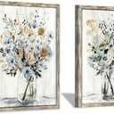 Floral Picture Wall Art Painting: Blossom Bouquet Flowers Prints on Rustic Wood and Handcrafted Wooden Framed Artwork for Home and Bedroom (12 x 16 x 2pcs)