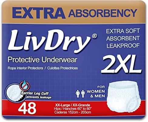 LivDry Adult XXL Incontinence Underwear, Extra Comfort Absorbency, Leak Protection, XX-Large, 48pcs Per Pack
