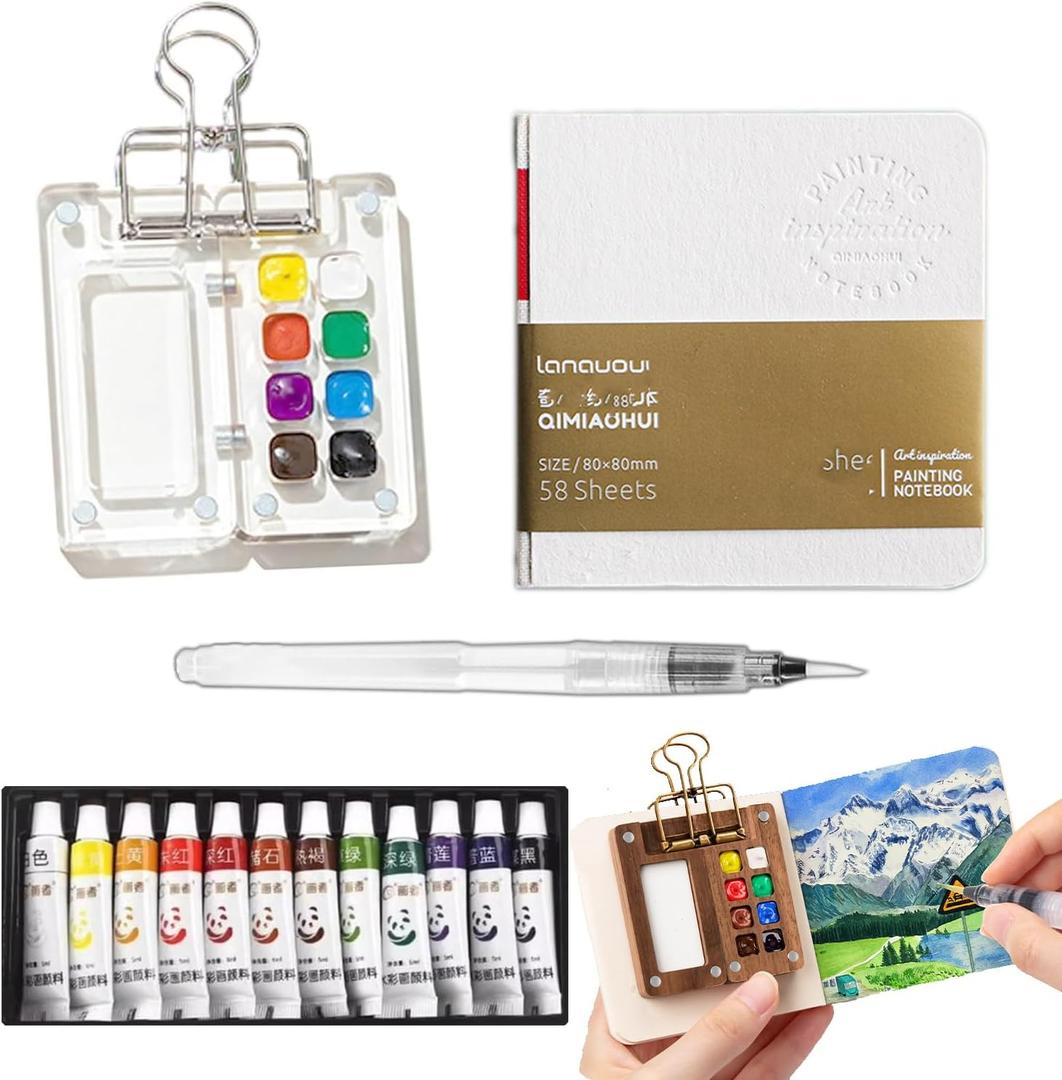 Mini Travel Watercolor Set Pocket Artist Watercolor Travel Set Grid Palette Box Sketch Book Brush Pens With Binder Clips For Painters Artists Students (Acrylic 8 Grids)