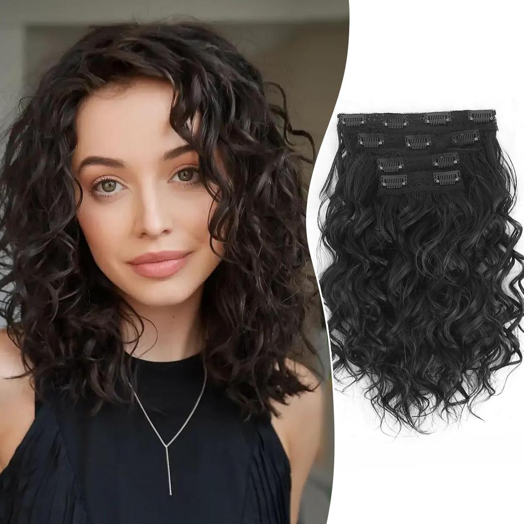 Aisaide Clip in Hair Extensions, 4PCS 12 inch Curly Hair Extensions Short Soft Natural Hairpiece Lace Weft Black Curly Wave Clip Ins Extensions Invisible for Women,Natural Black