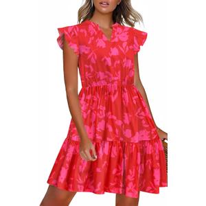 HOTOUCH Women Printed Dress for Summer Short Ruffle Sleeve Dress Tiered Mini Dress with Pockets (M)