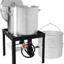 Creole Feast SBK1001 100 Qt Seafood Boiling Kit with Strainer, Outdoor Seafood Boil Pot and Basket with 100,000 BTUs Propane Burner and 10 PSI Regulator, Black & Silver