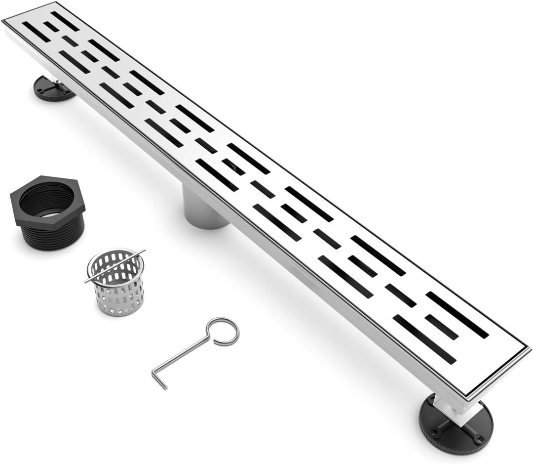 BARONAGE 24 Inch Linear Drain Shower Rectangular Floor Drain with Accessories Reversible Brickwork Cover Removable 304 Stainless Steel CUPC Certified Brushed Nickel