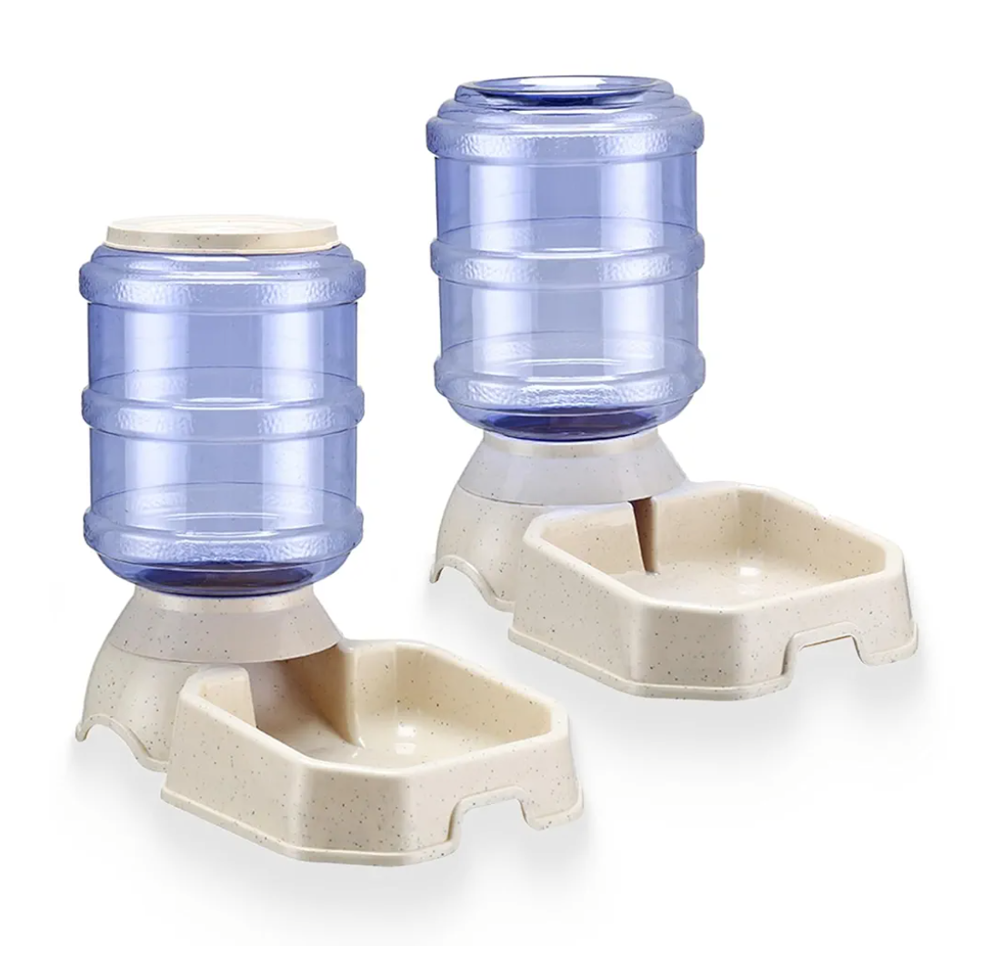 Automatic Pet Feeder & Waterer Set of 2 Pack, Self Feeding Replenish Dog Cat Bowls, Gravity Food & Water Storage Container Fountain Jug Pet Supplies Plastic Skid Proof Rubber Feet (White)