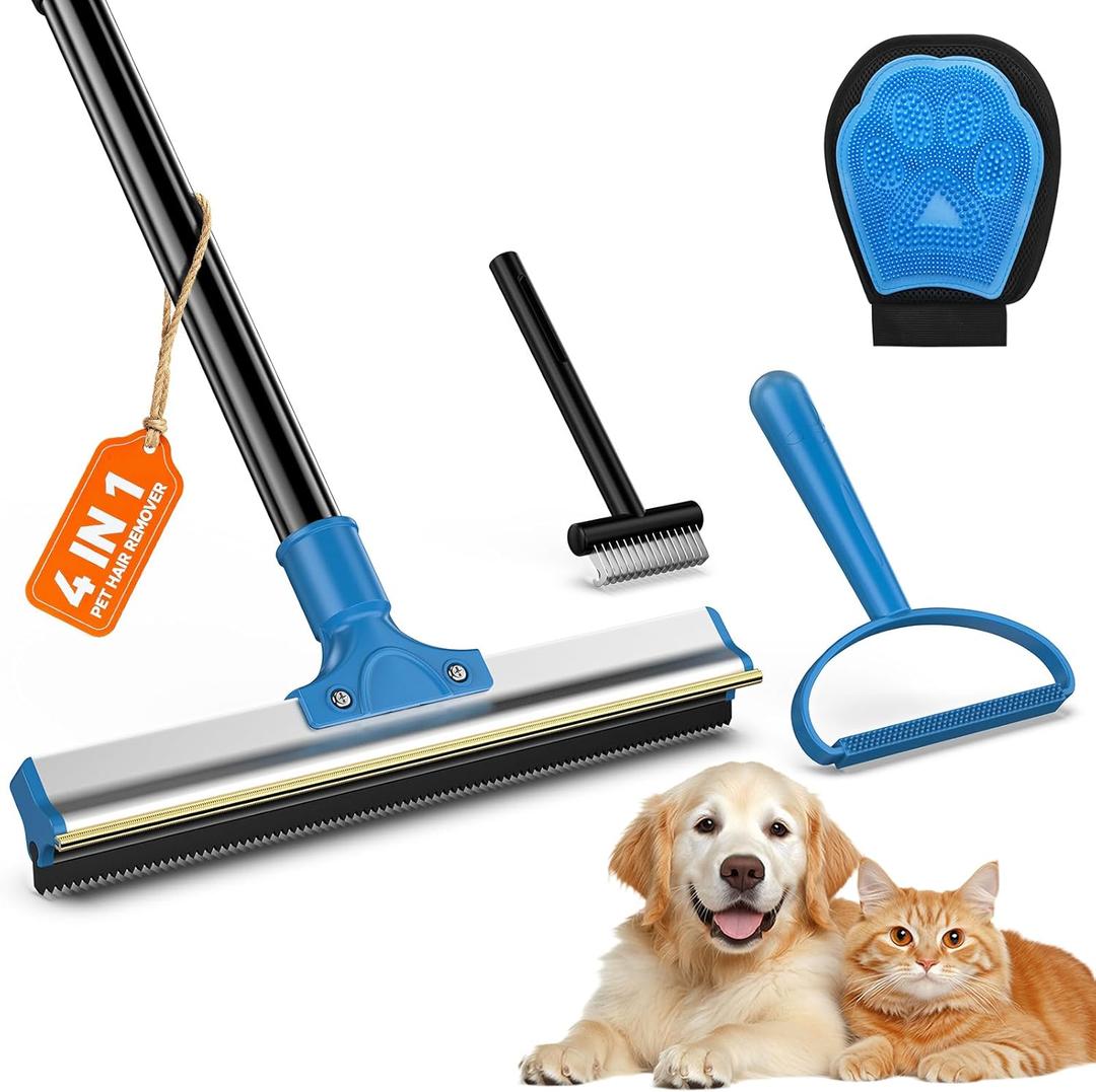 4 in 1 Carpet Rake for Pet Hair Removal - Dog Cat Fur Remover Scraper Broom, 48" Adjustable Carpet Rake, Hair Removal Glove, Handheld Brush, Grooming Brush, Cleaner Tools for Rugs, Mats, Sofa, Bed