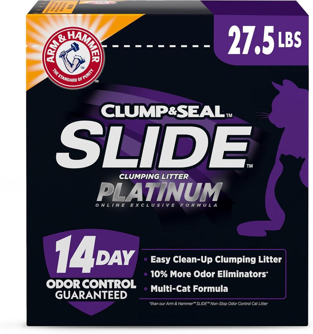 ARM & Hammer Clump & Seal Slide Platinum Multi-Cat Clumping Cat Litter, Easy Clean Technology with No Scrubbing, 14-Day Odor Control, 27.5 lbs
