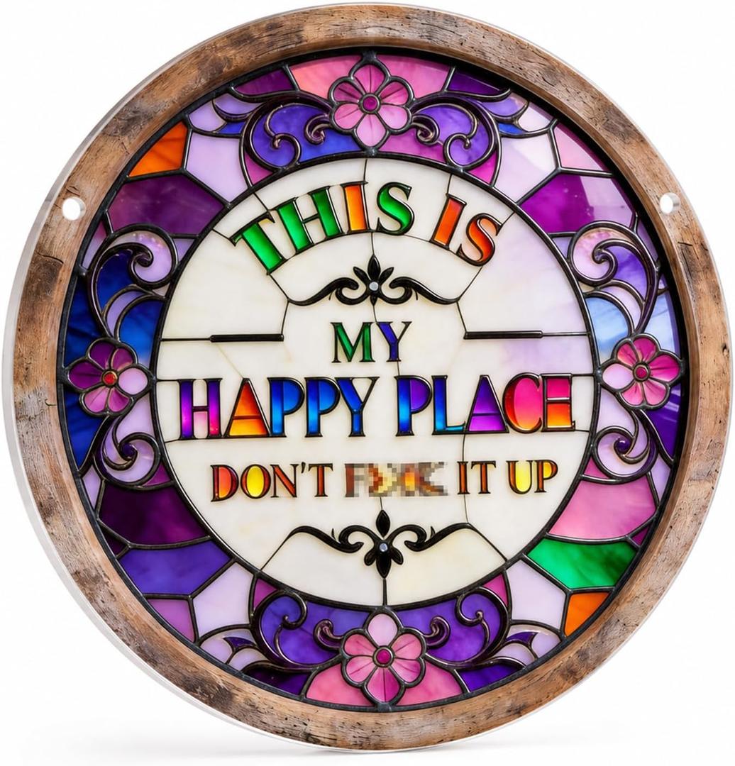 "This Is My Happy Place Don't F It Up" Sign, 11.5 Inch Acrylic Wall Decor, Vibrant Colors Round Garden Sign for Home, Garden, Bar, Farm, Coffee Shop Decor