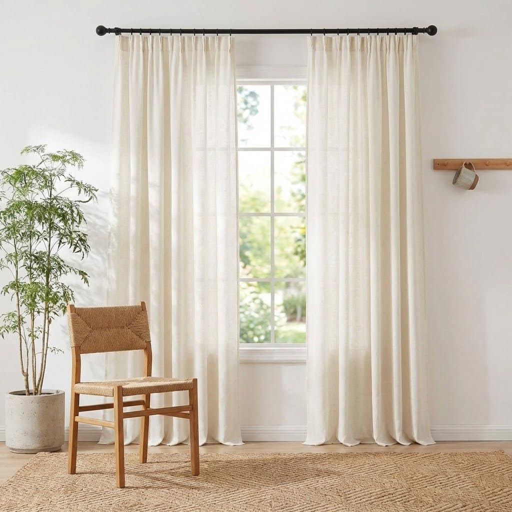 NICETOWN Natural Thick Linen 144 inch Curtains Extra Long, Pinch Pleated/Rod Pocket/Back Tab Privacy Added Window Drapes with Light Filtering for Living Room, W52 x L144, 2 Panels